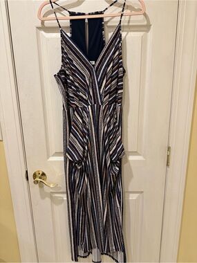 BCBGeneration Striped Navy, White & Tan Midi Dress
